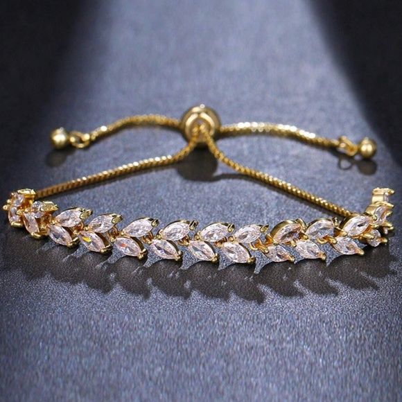 14K Gold Plated Diamond Leaf Bracelet - Picture 1 of 3